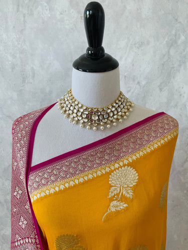 Banarasi Chiffon Saree | Turmeric Yellow with Bright Pink Border | Silver Zari | Handwoven | Ships from California